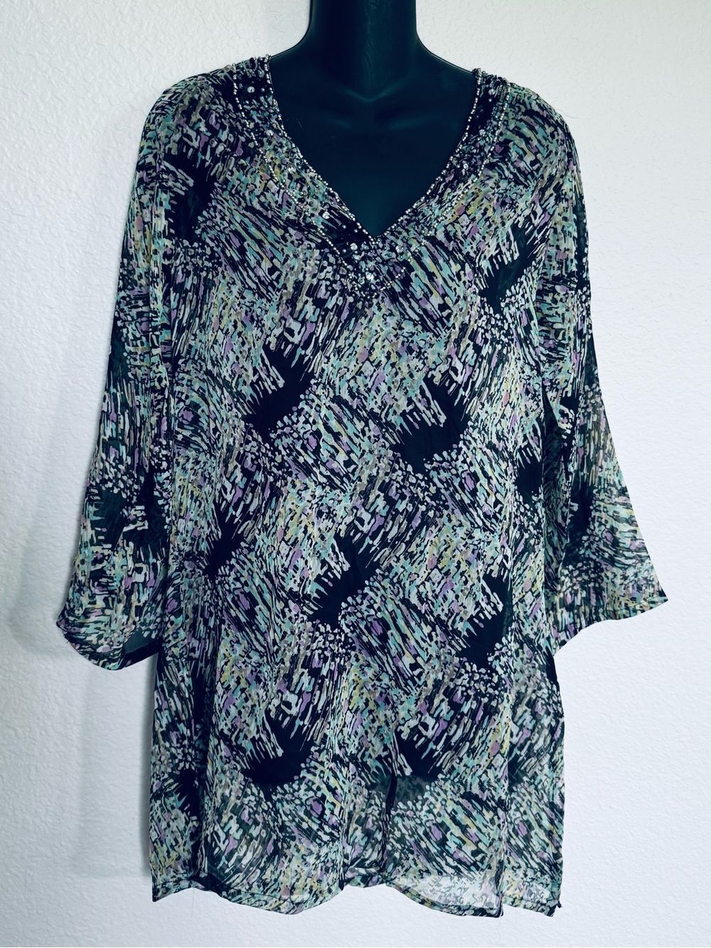 Beaded Sheer V-Neck Swim Cover Up Tunic Top S